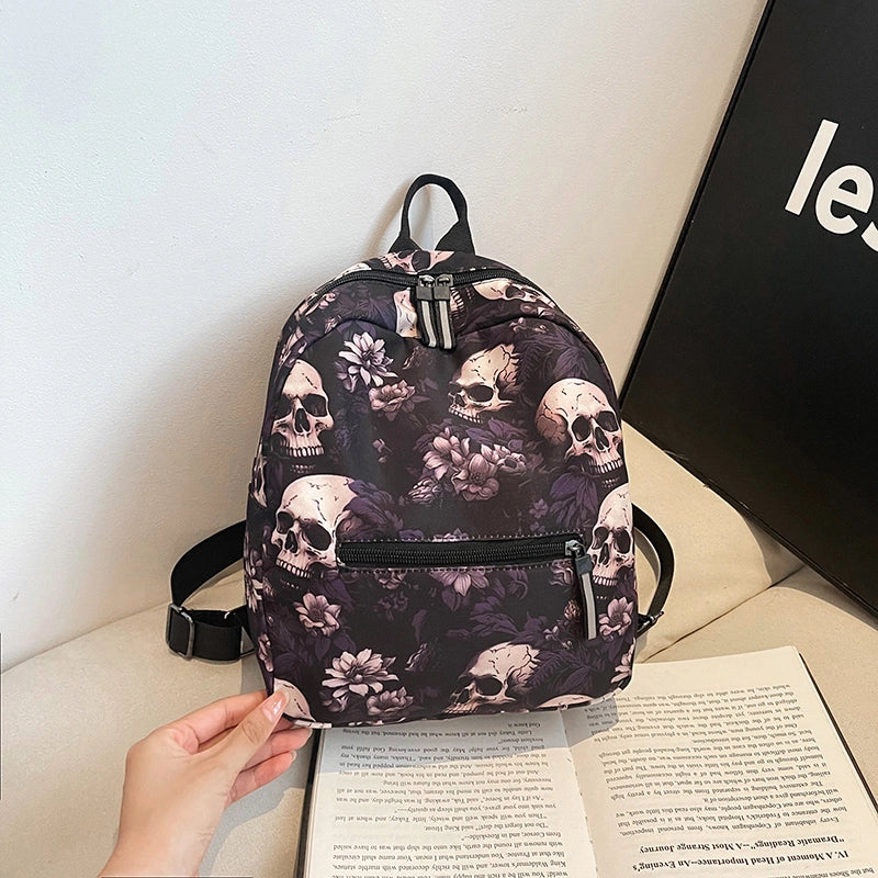 Halloween Women’s Nylon Flower Skull Streetwear Square Zipper Fashion Backpack