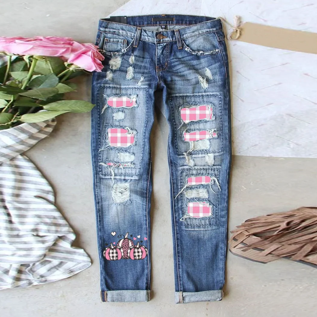 Women's Pink Patch Printing Ripped Jeans Straight-leg Pants