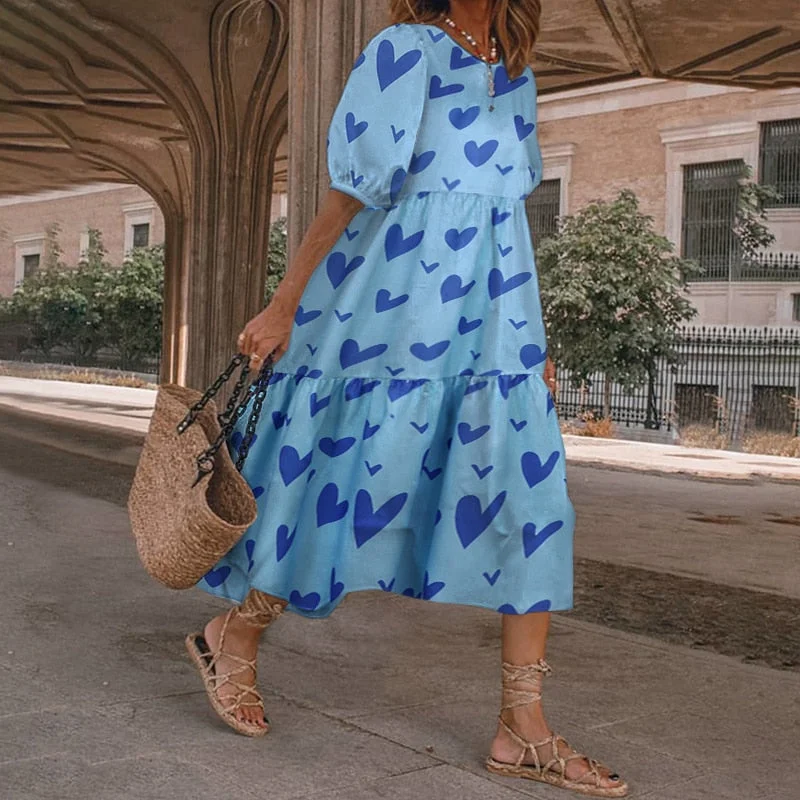 Summer Dress 2022 VONDA Fashion Women Short Sleeve Vintage Plaid Printed Sundress Robe Loose Bohemian Pleated Mid-Calf Vestidos