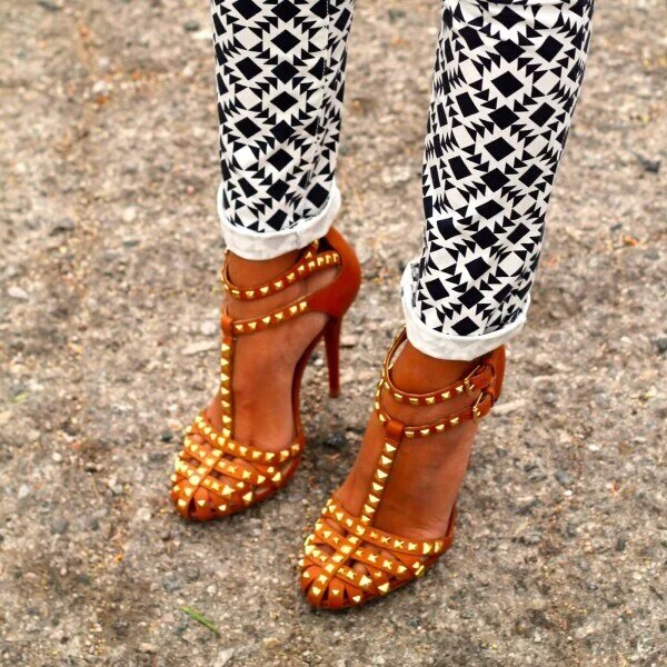 TAAFO Tan Rivets T Strap Sandals Stiletto High Heel Shoes Anniversary Incomparable Generous Attractive 