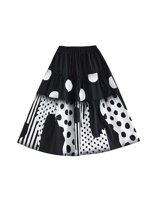 Loose Elasticity Pleated Pockets Polka Dot Printed Ruffled Split-Joint Skirts Bottoms