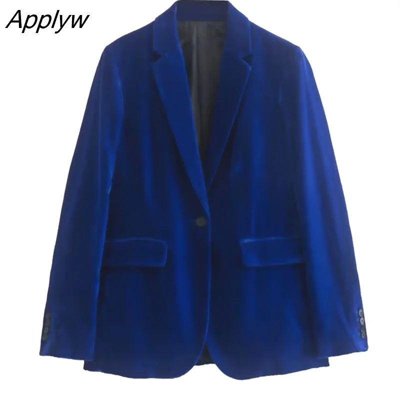 Applyw Women Autumn Velvet Blazer Jackets Pants Set 2023 Simple Office Single Button Coat Female Oversize Clothes Outerwear