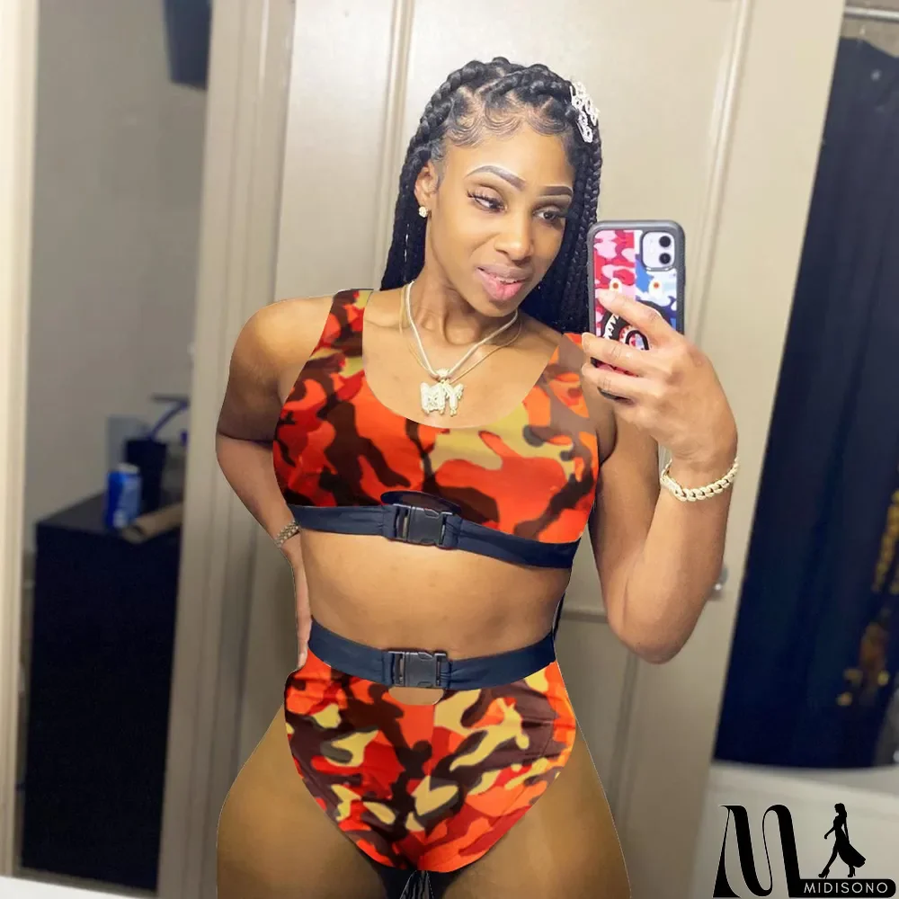 MidiSono - Fashion Sexy Fitness Camouflage Button Two-Piece Set