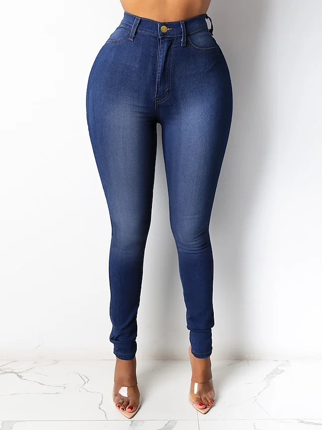 Women's Pants Trousers Jeans Denim Blue Dark Blue Light Blue Mid Waist Fashion Casual Weekend Side Pockets Micro-elastic Full Length Comfort Plain S M L XL XXL / Slim | IFYHOME