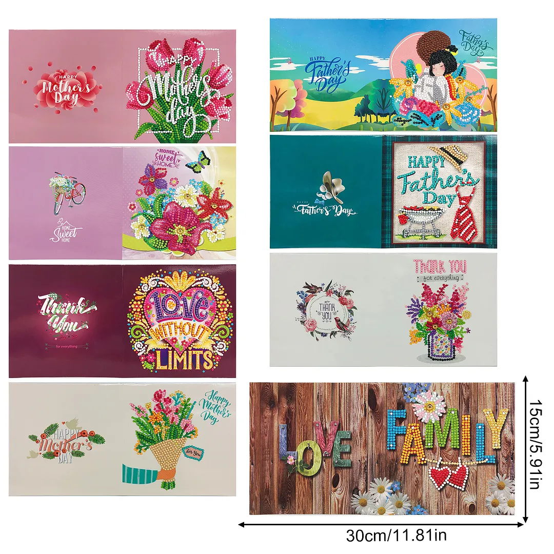 8PCS Fathers Day Mothers Day DIY Diamond Painting Greeting Card Kits with Envelopes Diamond Art Greeting Cards Diamond Art Cards Kits for Adults DIY Crafts Family Friend Gifts