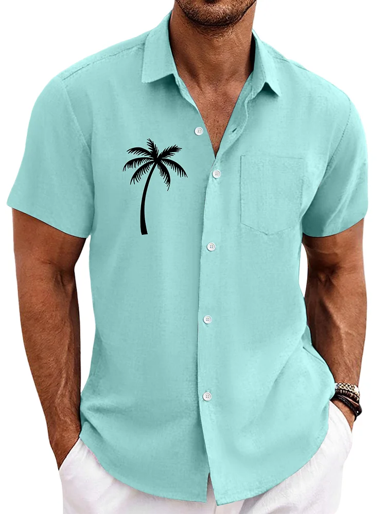 Men's Hawaiian Coconut Print Solid Pocket Short Sleeve Shirt