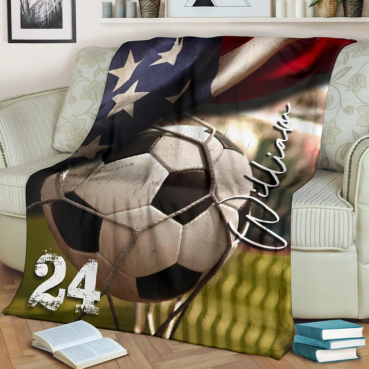Personalized Soccer Blanket, Soccer Flag Usa Goal Sherpa Fleece Blanket | BKKid542