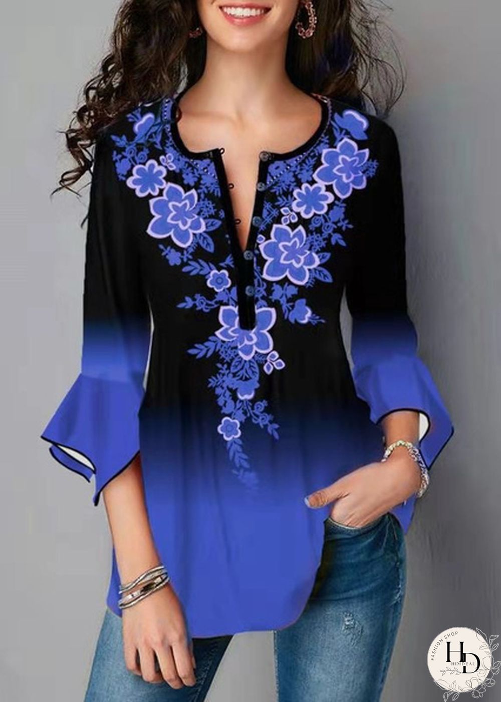 Womens Autumn Fashion Clothes Elegant V-Neck Tunic Tops Casual 3/4 Sleeve Printing Blouse Shirt Plus Size Loose Streetwear Pullover T-shirts XS-8XL