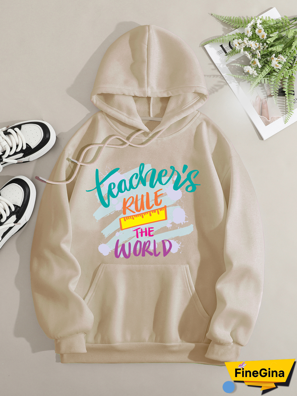 Printed on front Kangaroo Pocket Hoodie Long Sleeve for Women Pattern Teacher rule the world