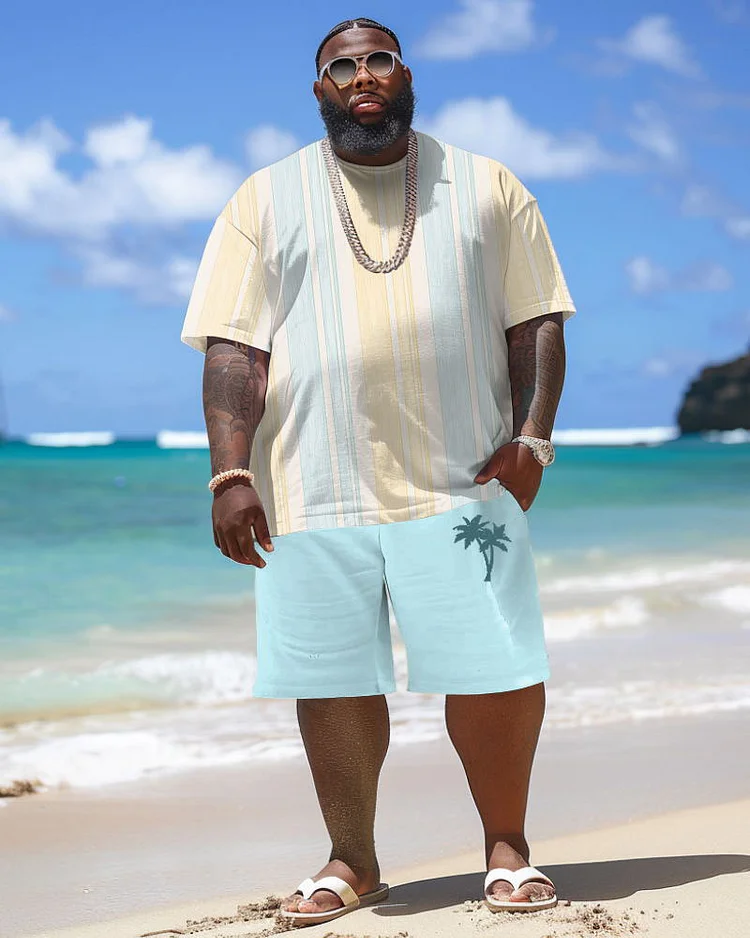 Men's Plus Size Hawaiian Striped Coconut Tree Print T-Shirt Shorts Suit