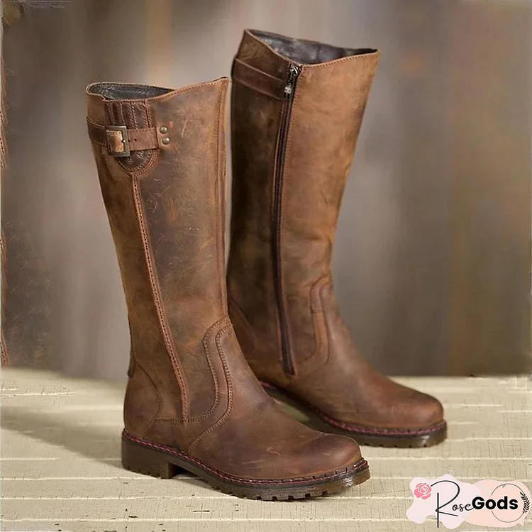 Women Round Toe Zipper Low Heel Pu Casual Boots