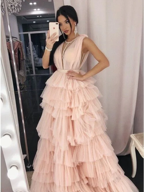 V Neck Layered Tulle Long Prom Evening Dresses with Pleats