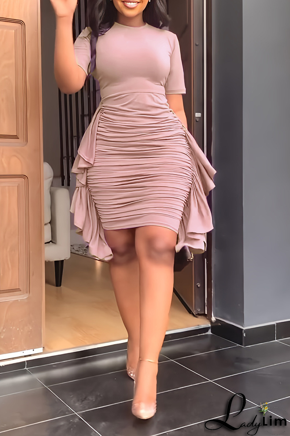 Yellow Fashion Solid Flounce Fold O Neck Pencil Skirt Dresses