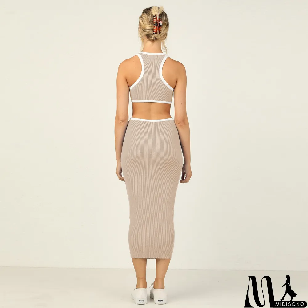 MidiSono - Fashionable round neck pullover tight hollow open back sexy racer dress bodycon midi skirt