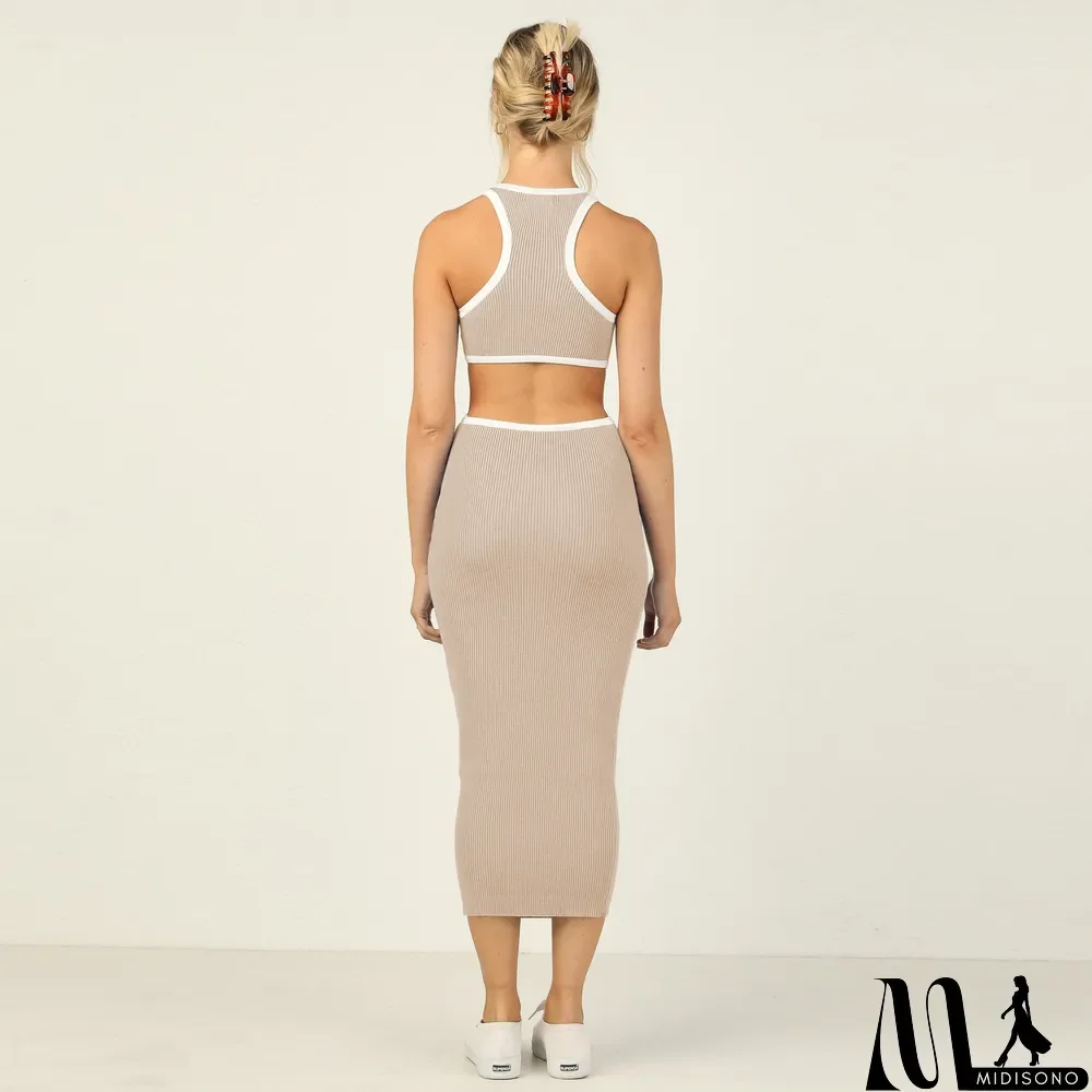 MidiSono - Fashionable round neck pullover tight hollow open back sexy racer dress bodycon midi skirt