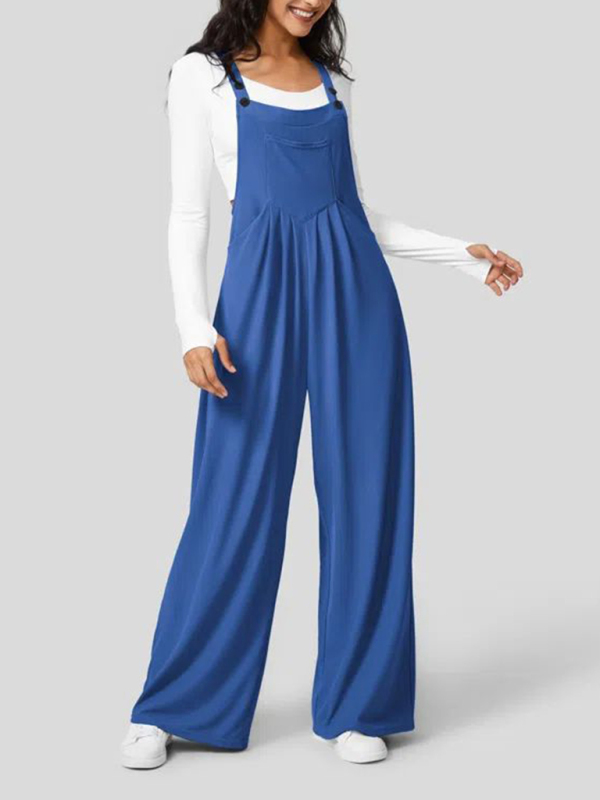 New loose solid color button pocket overalls Jumpsuit