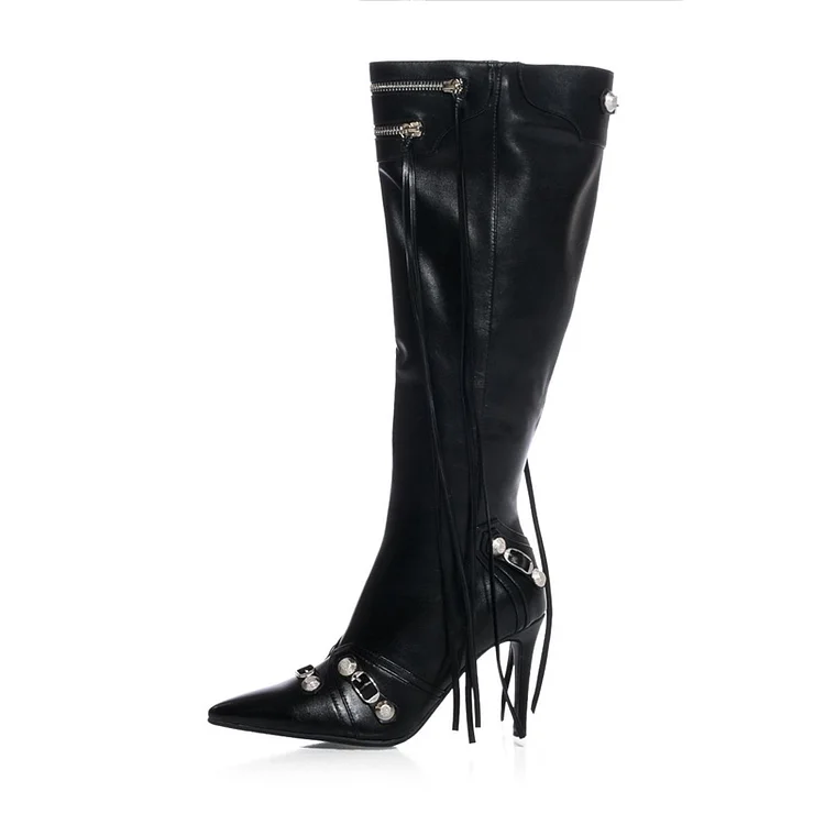 Women's Pointed Toe Buckle Shoes Stiletto Heel Zipper Up Knee Boots |FSJ Shoes