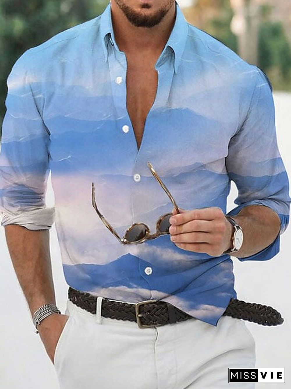 Men Long Sleeve V-neck Graphic Printed Buttons Shirts