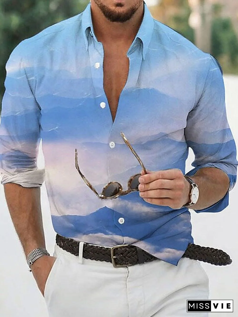 Men Long Sleeve V-neck Graphic Printed Buttons Shirts