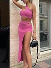 Threaded One-Shoulder Top Empire Split-Side Skirt Two-Piece Suit