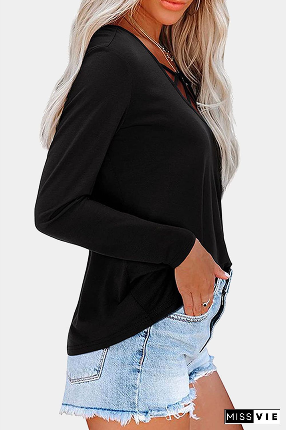 Casual Solid Hollowed Out Split Joint V Neck Tops