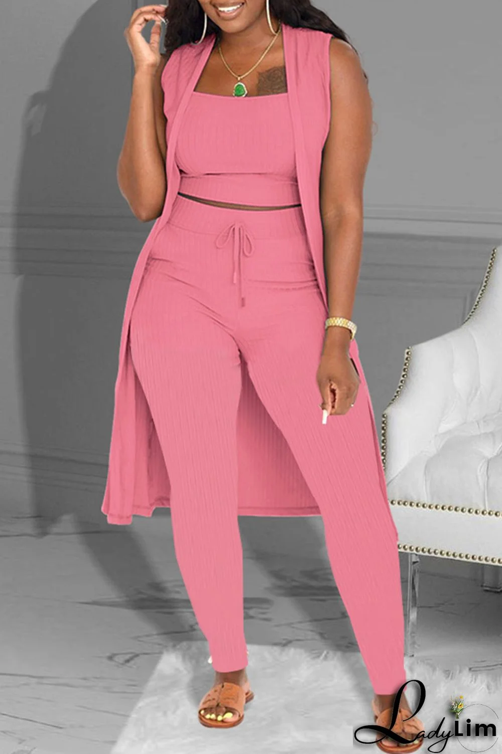 Sky Blue Fashion Casual Solid Patchwork Sleeveless Three-piece Set