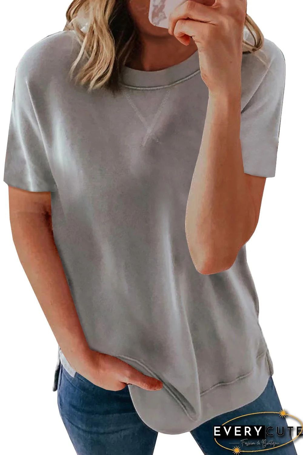 Gray Round Neck Short Sleeve Solid Color Tee