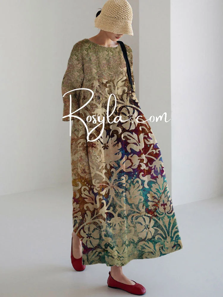 Women's Vintage Pattern Print Long Sleeve Midi Dress Dress