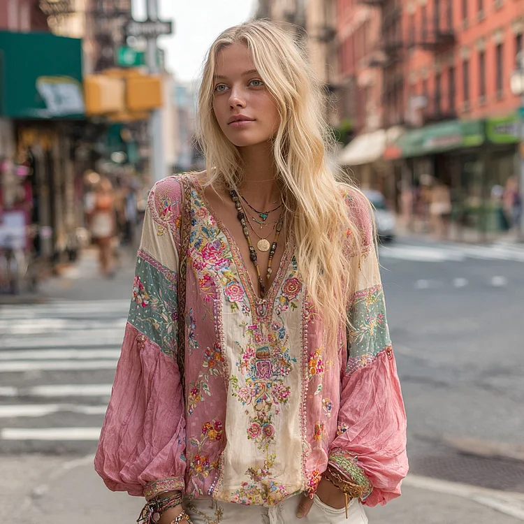 Women's Floral Embroidery Art Boho Colorblock Linen Blend V-neck Shirt