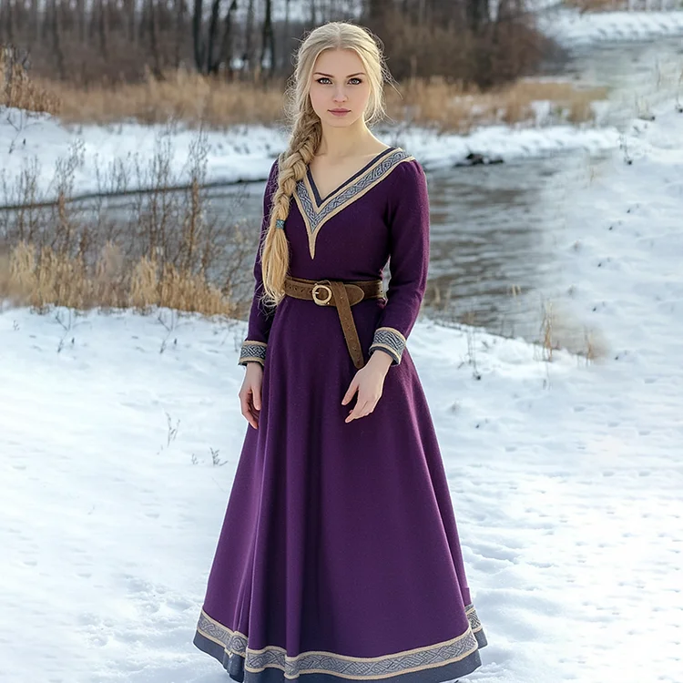 Vintage Viking Celtic Linen V-neck Midi Dress