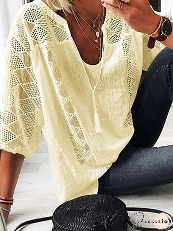 Lace Stitching U-neck 3/4 Sleeve Blouse