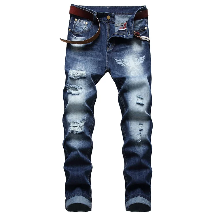 BrosWear Men's Ripped Watermarked Frayed Small Straight Leg Jeans