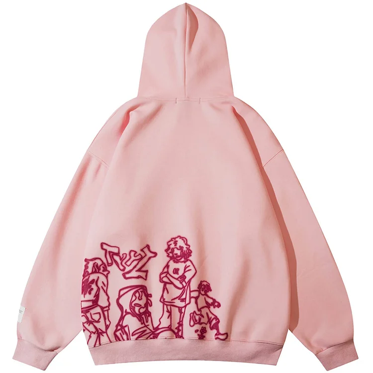 Pink Cartoon Line Character Print Pullover Hoodie - SOPULA