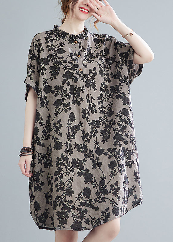 VCSHOES Stand Collar Button Print Linen Dress Short Sleeve