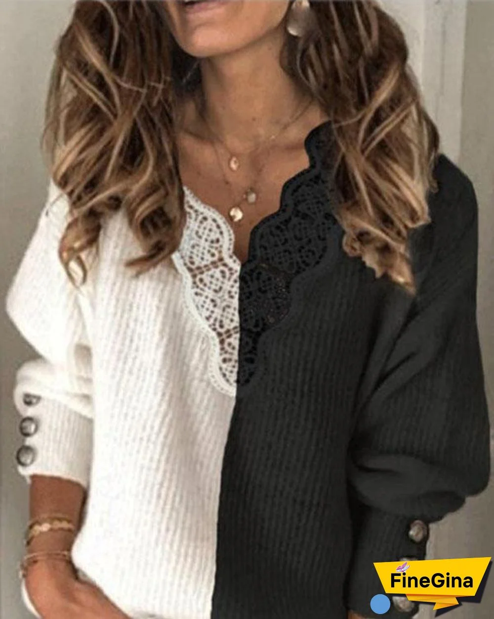 V-Neckline Color Block Casual Loose Regular Sweaters