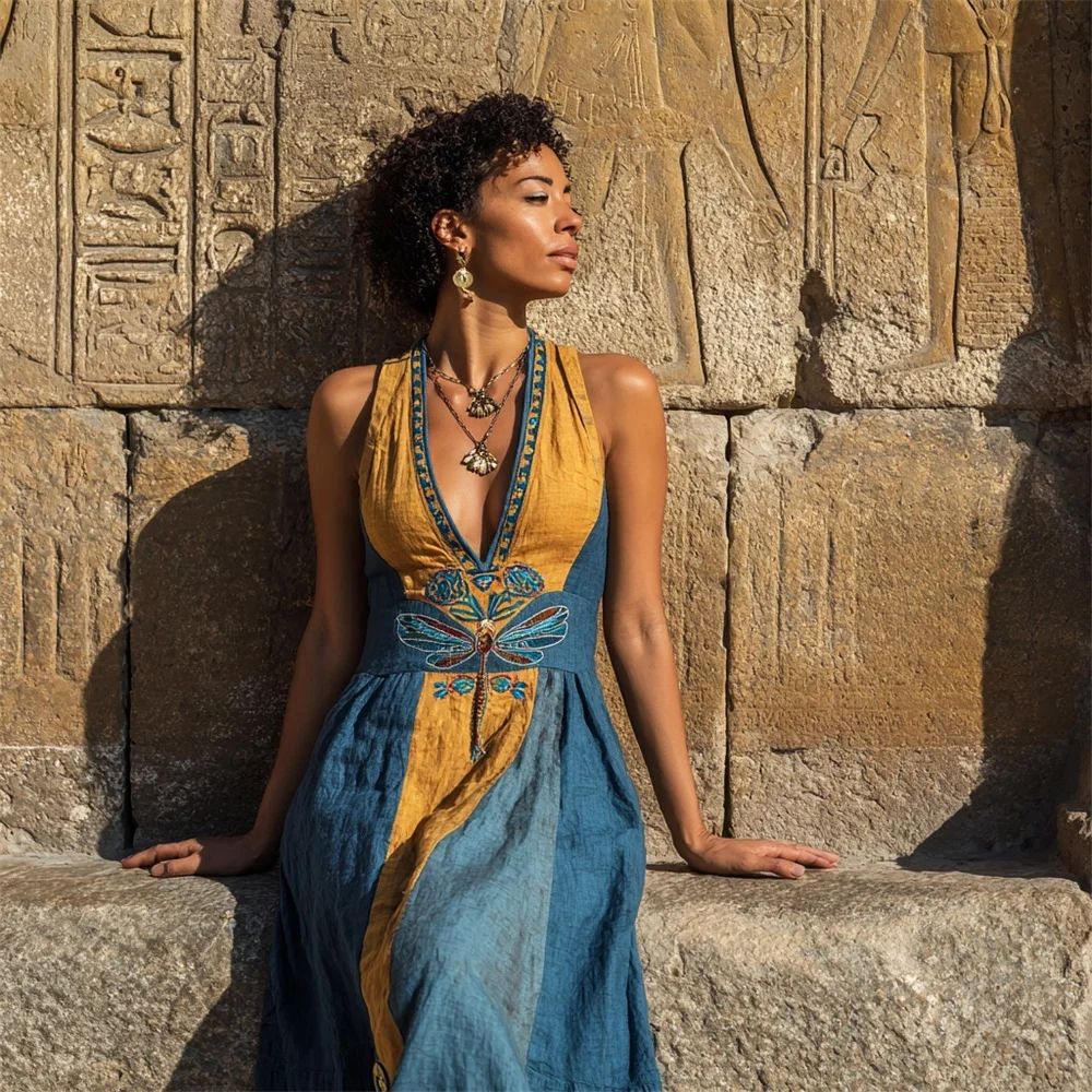 Vintage Dragonfly Color Clash Element Women's Linen V-neck Tie Vest Maxi Dress
