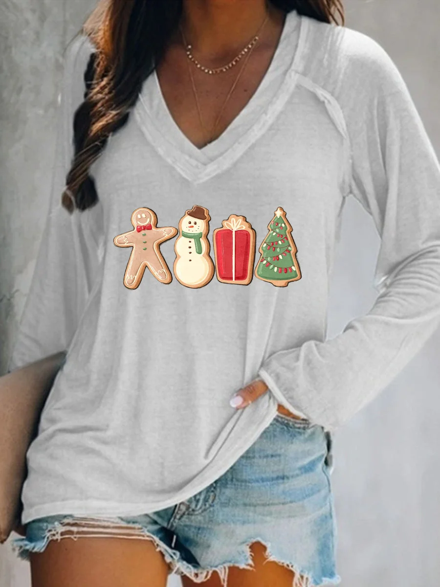 Cute Ginger Bread Cookie Tree V-neck Long Sleeve T-shirt