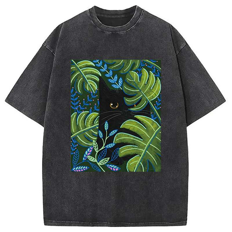 Cat In The Monstera Washed T-shirt elevenforest