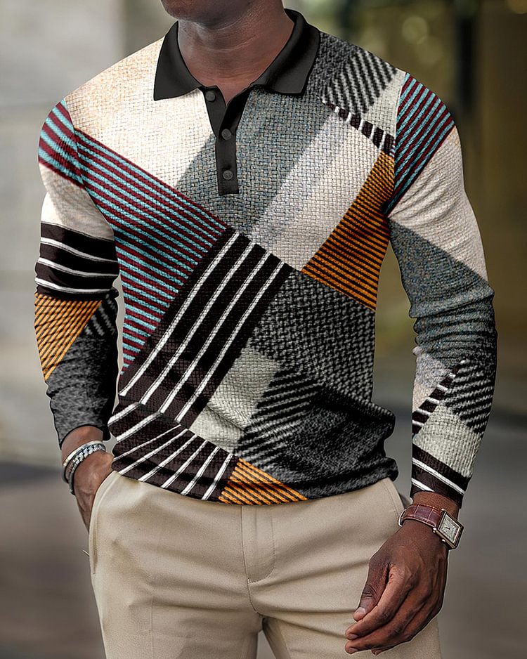 Men's geometric striped retro casual polo shirt
