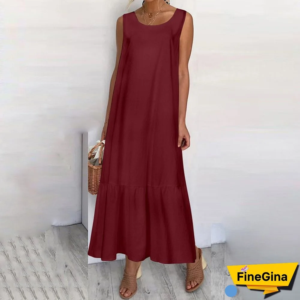 Womens Sleeveless Vest Long Dress O Neck Solid Color Party Casual Loose Summer Maxi Dresses Plus Size