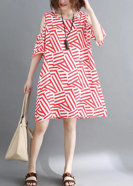 Handmade red striped Cotton clothes Women Omychic off the shoulder daily Summer Dress