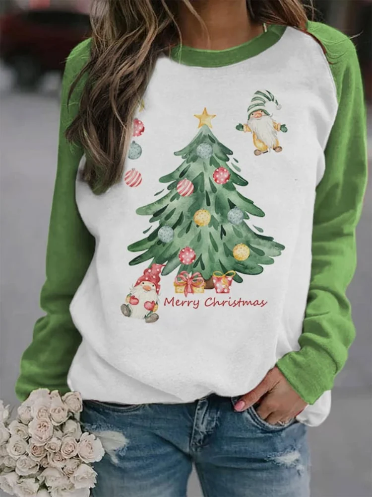 Vefave Adorable Christmas Tree Gnome Print Sweatshirt
