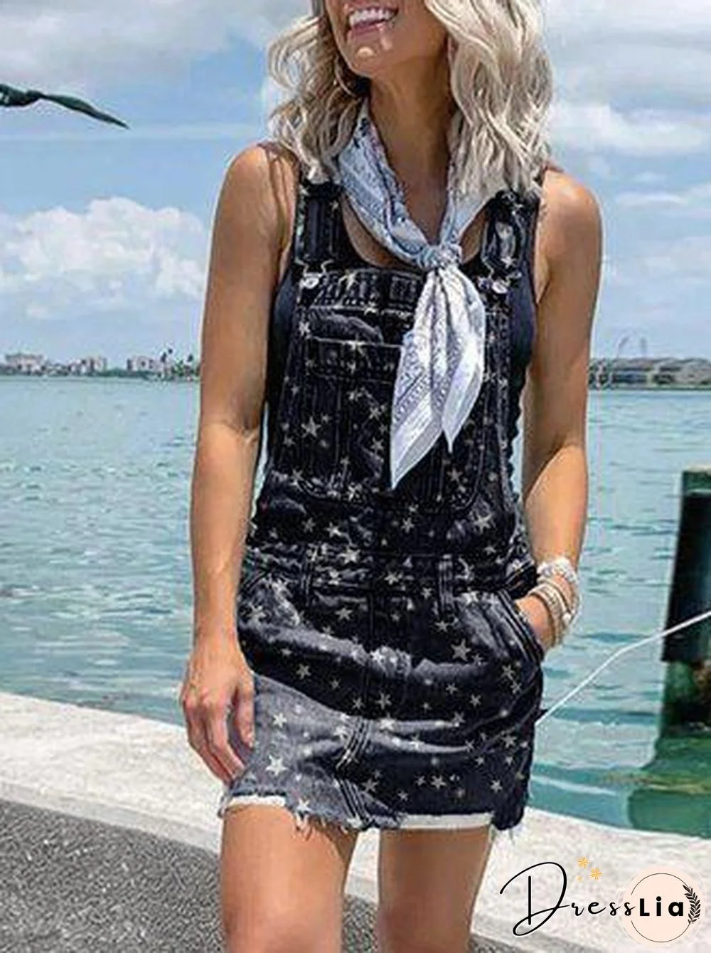 Flag Stars Printed Black Demin Dress