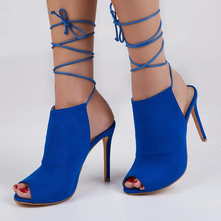 Royal Blue Peep Toe Strappy Heels Slingback Summer Boots |FSJ Shoes