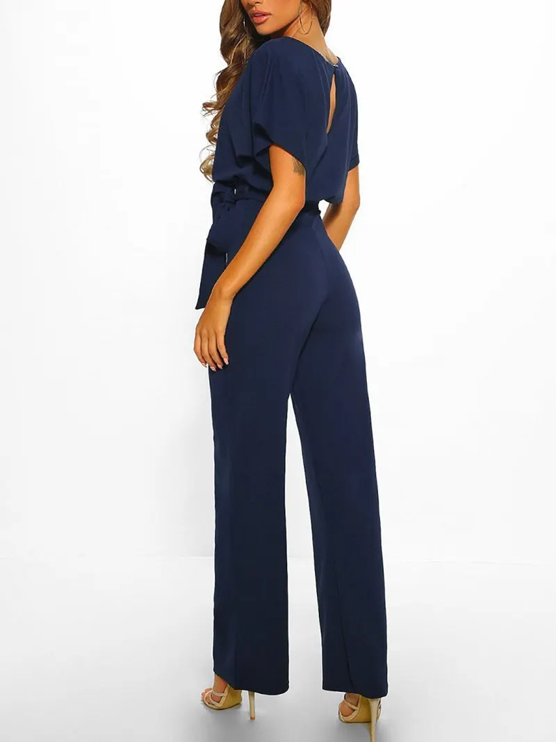 Solid Lace-up Short-sleeved Women's Jumpsuit