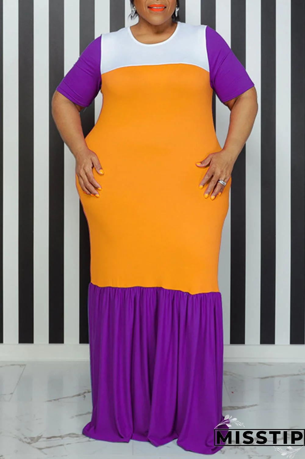 Black Casual Solid Patchwork O Neck Straight Plus Size Dresses