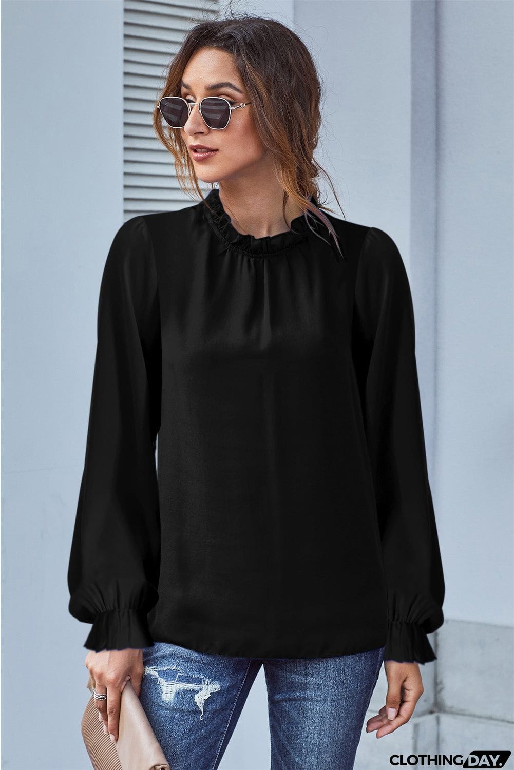 Frilled Mock Neck Balloon Sleeve Blouse
