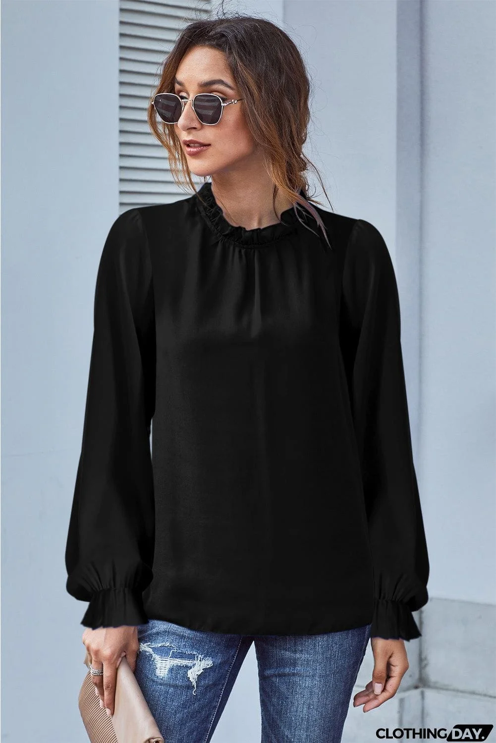 Frilled Mock Neck Balloon Sleeve Blouse