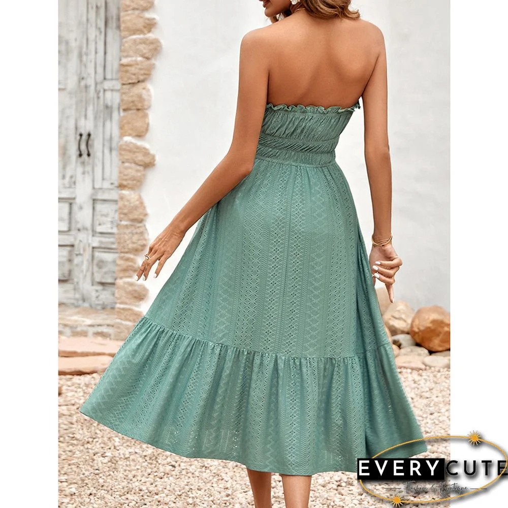 Pea Green Slim Waist Strapless Midi Dress