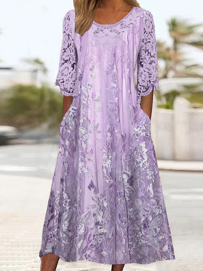Women's 3/4 Sleeve Scoop Neck Floral Printed Lace Stitching Midi Dress